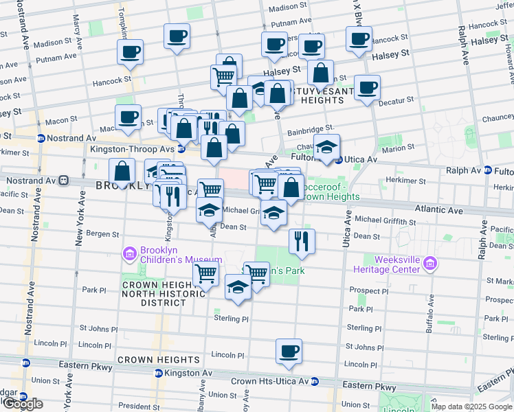 map of restaurants, bars, coffee shops, grocery stores, and more near 1633 Pacific Street in Brooklyn