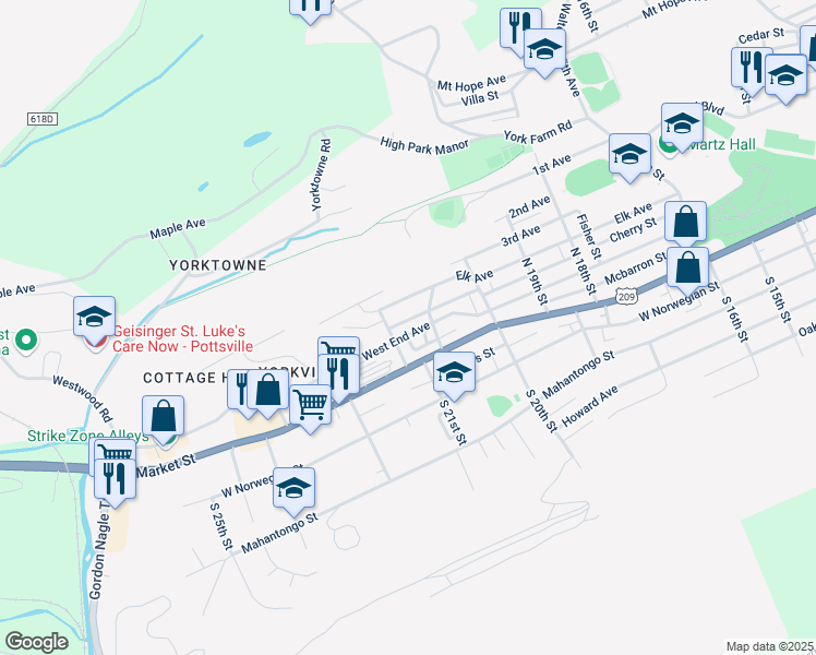 map of restaurants, bars, coffee shops, grocery stores, and more near 2061 King Avenue in Pottsville