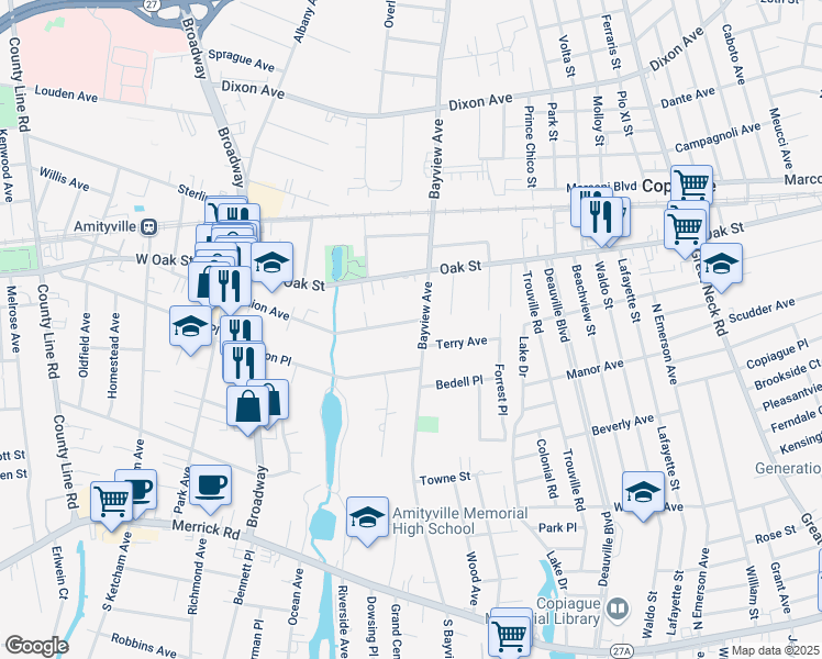 map of restaurants, bars, coffee shops, grocery stores, and more near 230 Bayview Avenue in Amityville