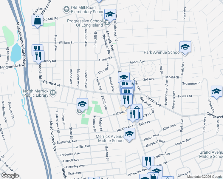 map of restaurants, bars, coffee shops, grocery stores, and more near 1947 Camp Avenue in Merrick