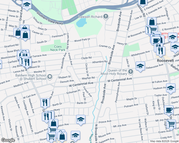 map of restaurants, bars, coffee shops, grocery stores, and more near 1038 Henhawk Road in Baldwin