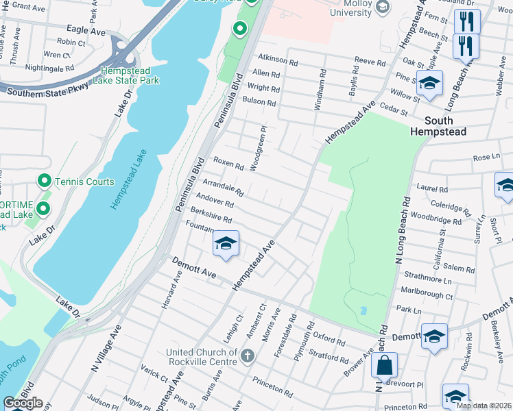 map of restaurants, bars, coffee shops, grocery stores, and more near 95 Andover Road in Rockville Centre
