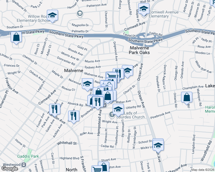 map of restaurants, bars, coffee shops, grocery stores, and more near 34 Norwood Avenue in Malverne