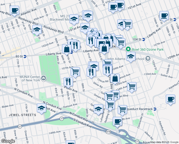 map of restaurants, bars, coffee shops, grocery stores, and more near 107-43 89th Street in Queens