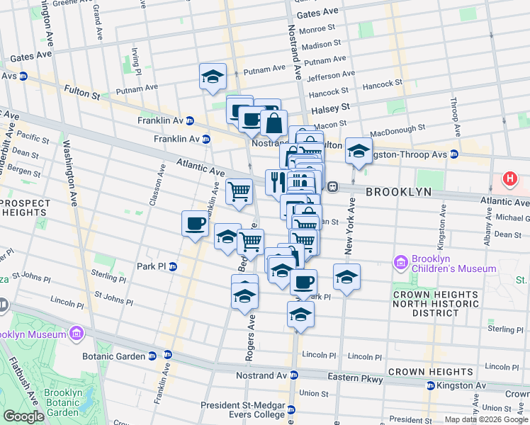 map of restaurants, bars, coffee shops, grocery stores, and more near 1147 Dean Street in Brooklyn
