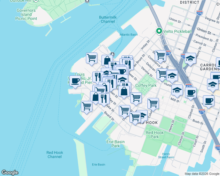 map of restaurants, bars, coffee shops, grocery stores, and more near 353 Van Brunt Street in Brooklyn