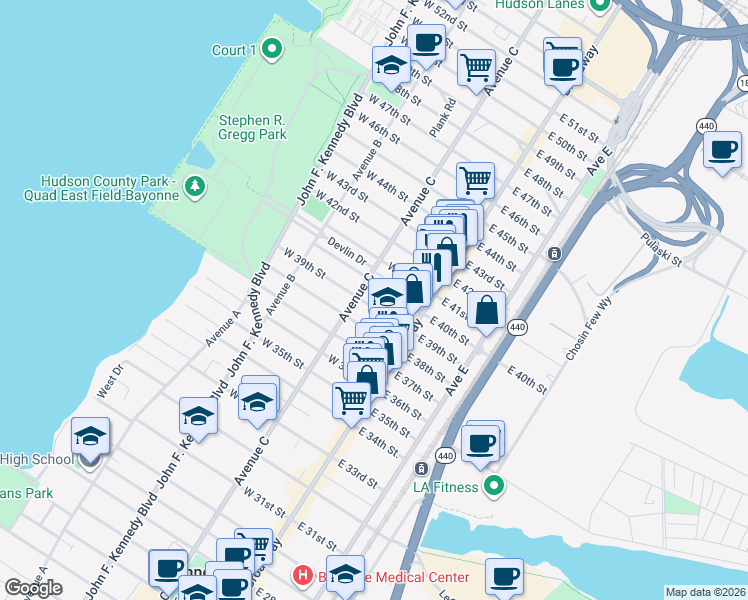 map of restaurants, bars, coffee shops, grocery stores, and more near 31 West 39th Street in Bayonne