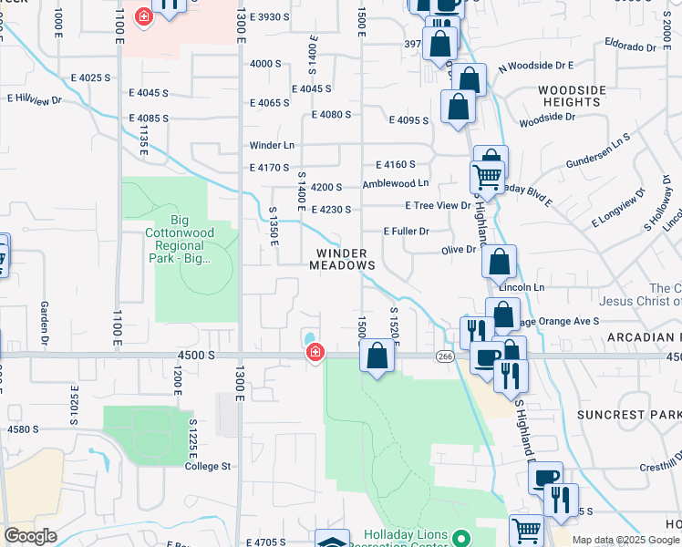 map of restaurants, bars, coffee shops, grocery stores, and more near 1466 Winderbrook Way in Millcreek