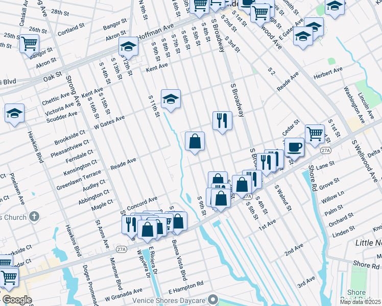map of restaurants, bars, coffee shops, grocery stores, and more near 466 South 9th Street in Lindenhurst