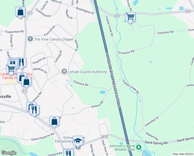 map of restaurants, bars, coffee shops, grocery stores, and more near in Schnecksville