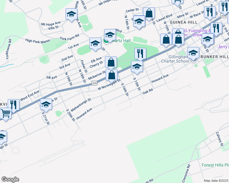 map of restaurants, bars, coffee shops, grocery stores, and more near 1625 Mahantongo Street in Pottsville