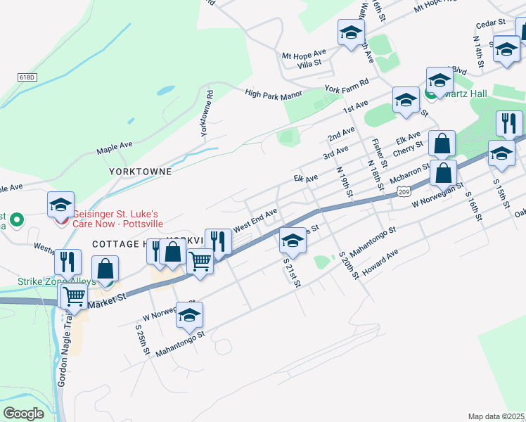 map of restaurants, bars, coffee shops, grocery stores, and more near 2061 King Avenue in Pottsville