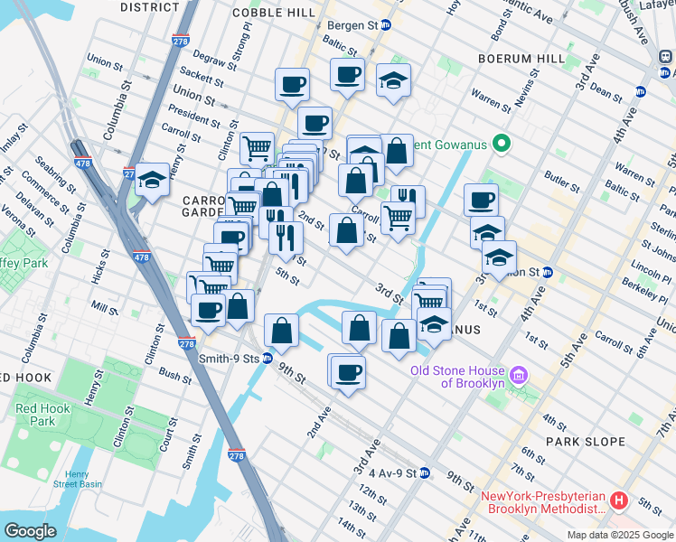 map of restaurants, bars, coffee shops, grocery stores, and more near 75 4th Street in Brooklyn
