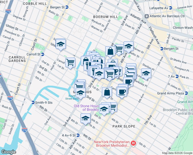map of restaurants, bars, coffee shops, grocery stores, and more near 285 3rd Avenue in Brooklyn