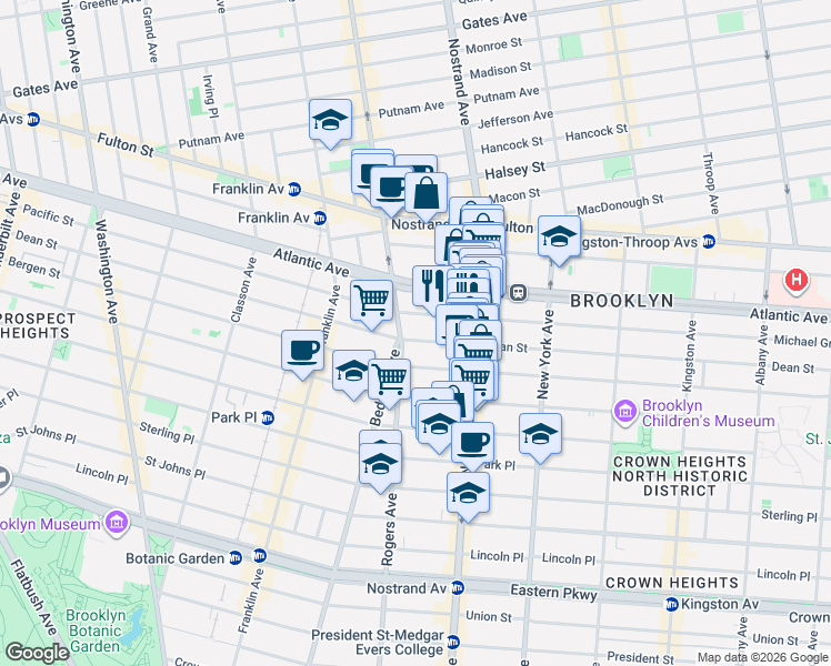 map of restaurants, bars, coffee shops, grocery stores, and more near 1147 Dean Street in Brooklyn
