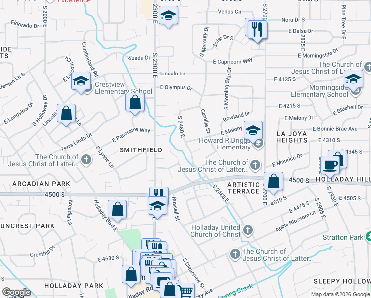 map of restaurants, bars, coffee shops, grocery stores, and more near 4353 Butternut Road in Holladay