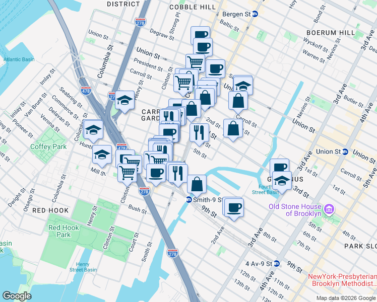 map of restaurants, bars, coffee shops, grocery stores, and more near 408 Smith Street in Brooklyn