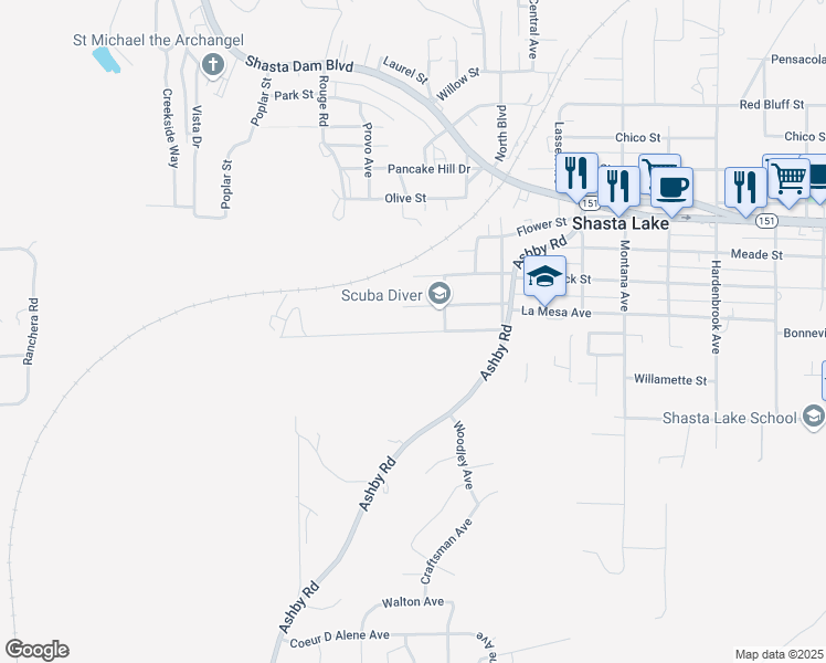 map of restaurants, bars, coffee shops, grocery stores, and more near 3815 El Cajon Avenue in Shasta Lake