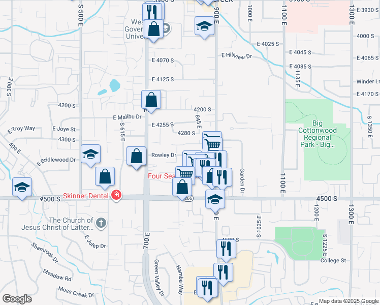 map of restaurants, bars, coffee shops, grocery stores, and more near 815 Rowley Drive in Millcreek
