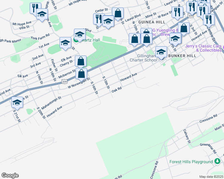map of restaurants, bars, coffee shops, grocery stores, and more near South 15th Street in Pottsville