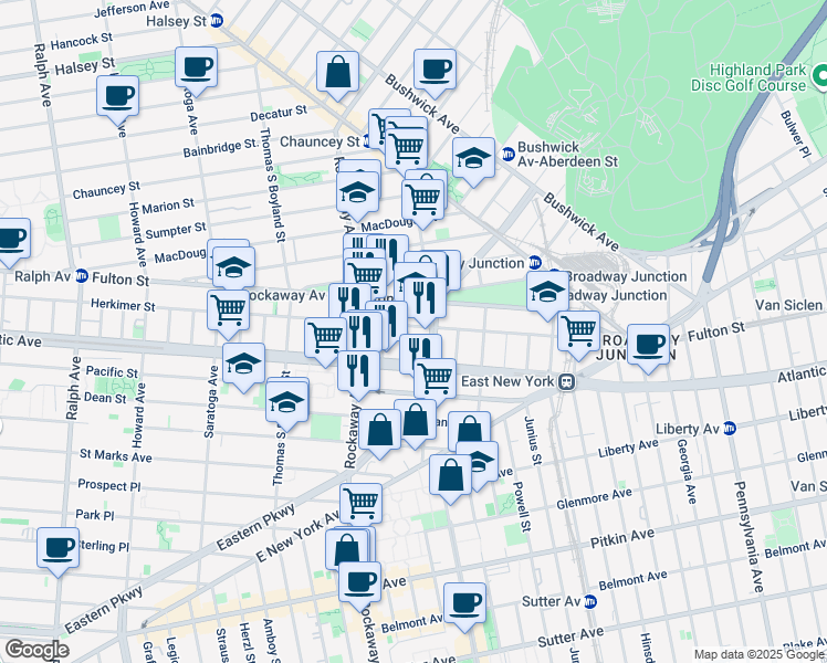 map of restaurants, bars, coffee shops, grocery stores, and more near 1352 Herkimer Street in Brooklyn