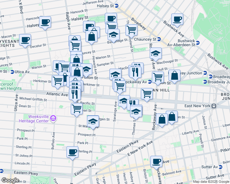 map of restaurants, bars, coffee shops, grocery stores, and more near 25 Louis Place in Brooklyn