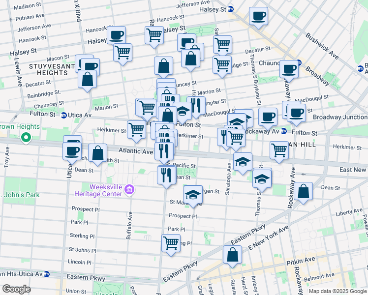 map of restaurants, bars, coffee shops, grocery stores, and more near 1927 Atlantic Avenue in Brooklyn