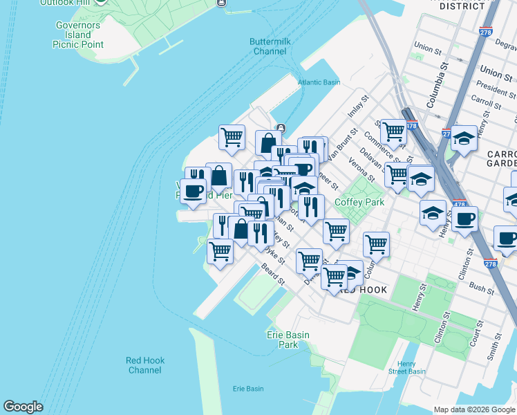 map of restaurants, bars, coffee shops, grocery stores, and more near 129 Dikeman Street in Brooklyn