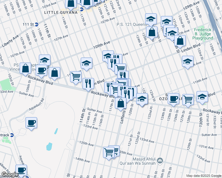 map of restaurants, bars, coffee shops, grocery stores, and more near 114-33 117th Street in Queens