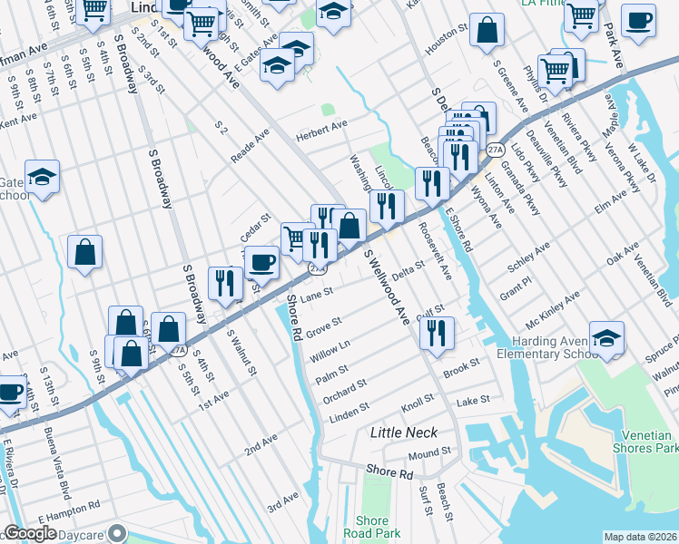 map of restaurants, bars, coffee shops, grocery stores, and more near 698 Tompkins Lane in Lindenhurst