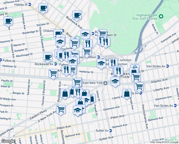 map of restaurants, bars, coffee shops, grocery stores, and more near 1466 Herkimer Street in Brooklyn