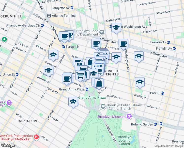 map of restaurants, bars, coffee shops, grocery stores, and more near 237 Park Place in Brooklyn