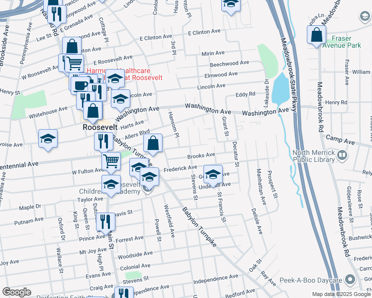 map of restaurants, bars, coffee shops, grocery stores, and more near 100 Stevens Street in Roosevelt