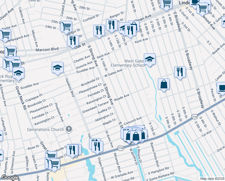 map of restaurants, bars, coffee shops, grocery stores, and more near 369 South 16th Street in Lindenhurst