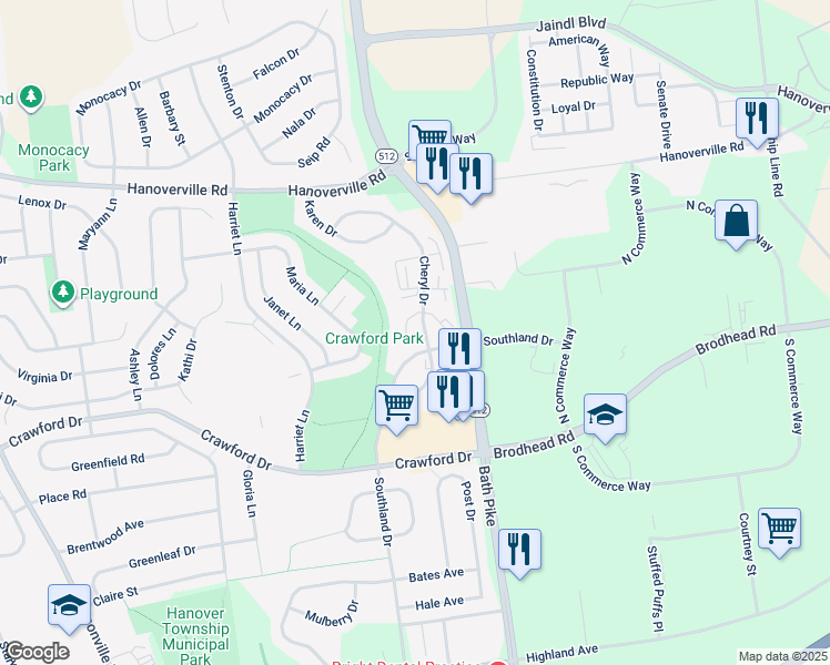 map of restaurants, bars, coffee shops, grocery stores, and more near 4645 Cheryl Drive in Bethlehem
