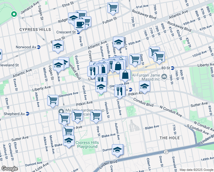 map of restaurants, bars, coffee shops, grocery stores, and more near 559 North Conduit Boulevard in Brooklyn