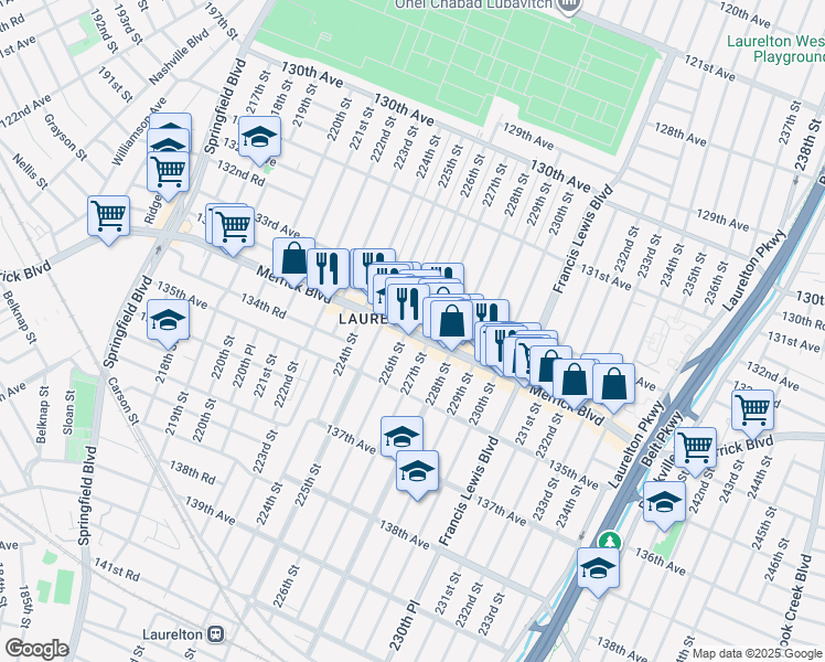 map of restaurants, bars, coffee shops, grocery stores, and more near 227-1 Merrick Boulevard in Queens