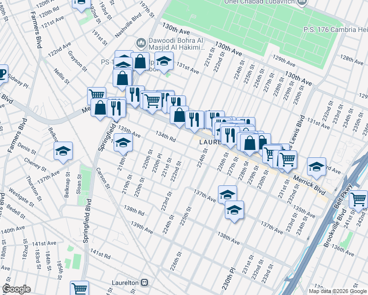 map of restaurants, bars, coffee shops, grocery stores, and more near 134-41 222nd Street in Queens