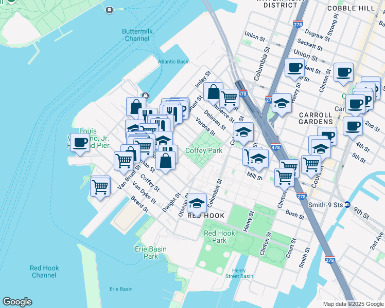 map of restaurants, bars, coffee shops, grocery stores, and more near in Brooklyn