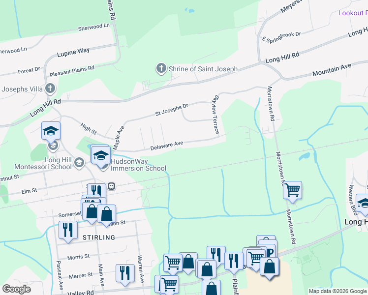map of restaurants, bars, coffee shops, grocery stores, and more near 79 Delaware Avenue in Long Hill