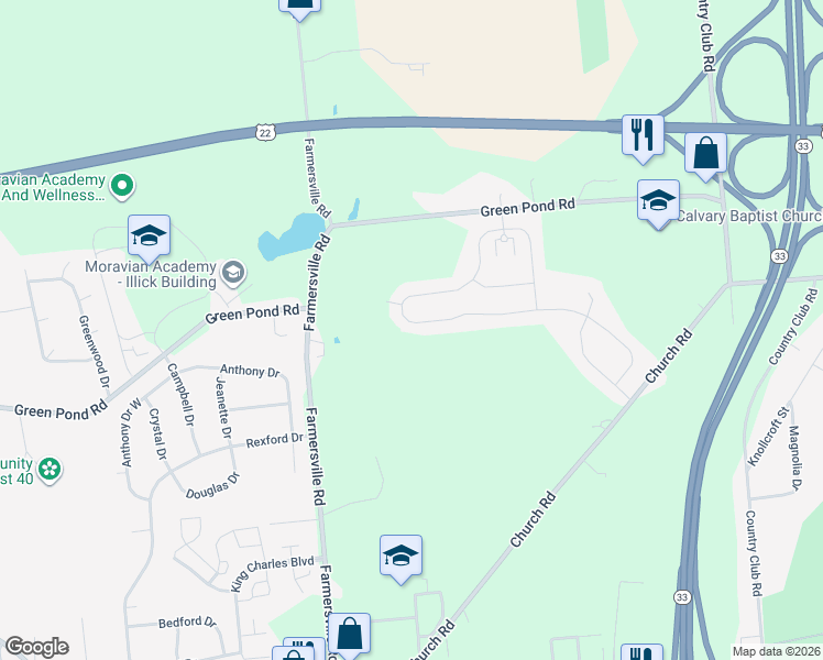 map of restaurants, bars, coffee shops, grocery stores, and more near 3832-3842 Farmersville Rd in Bethlehem