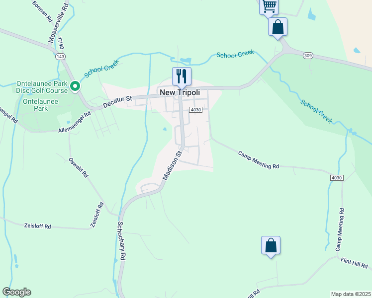 map of restaurants, bars, coffee shops, grocery stores, and more near 7290 Adams Court in New Tripoli
