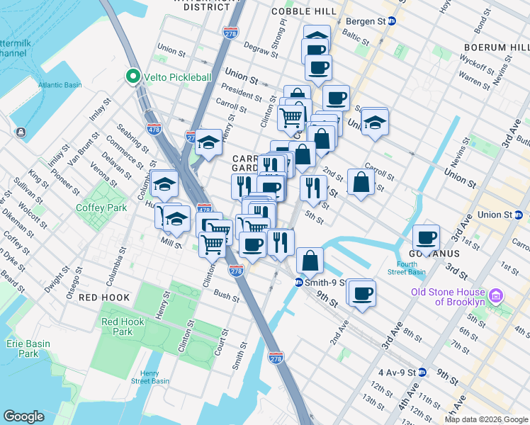 map of restaurants, bars, coffee shops, grocery stores, and more near 179 Luquer Street in Brooklyn