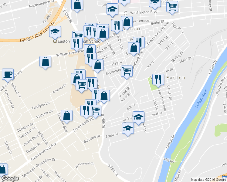 map of restaurants, bars, coffee shops, grocery stores, and more near 2451 Freemansburg Avenue in Easton