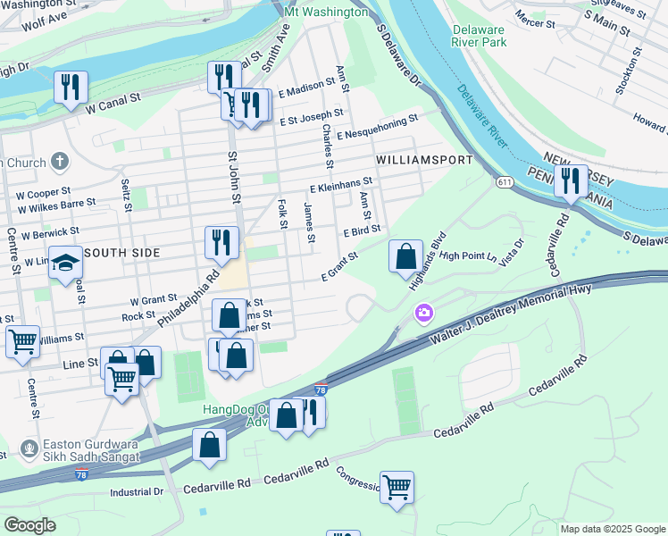 map of restaurants, bars, coffee shops, grocery stores, and more near 216 East Grant Street in Easton