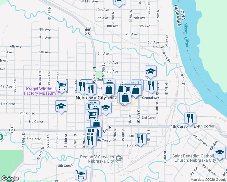 map of restaurants, bars, coffee shops, grocery stores, and more near 114 North 9th Street in Nebraska City
