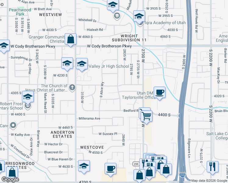 map of restaurants, bars, coffee shops, grocery stores, and more near 4318 South King Arthur Drive in West Valley City