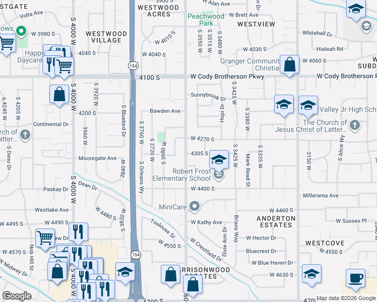 map of restaurants, bars, coffee shops, grocery stores, and more near 3577 4305 South in Salt Lake City