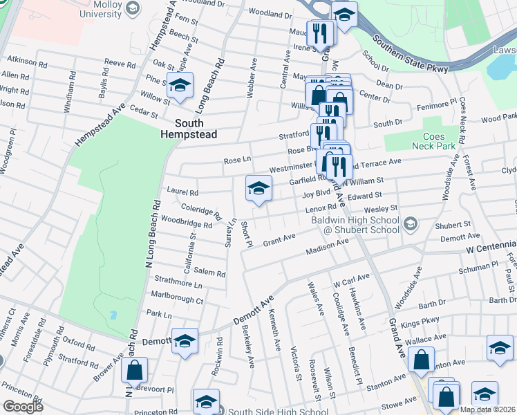 map of restaurants, bars, coffee shops, grocery stores, and more near 587 Lenox Road in Baldwin
