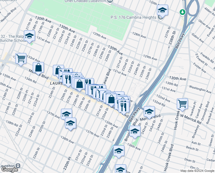 map of restaurants, bars, coffee shops, grocery stores, and more near 131-81 Francis Lewis Boulevard in Queens